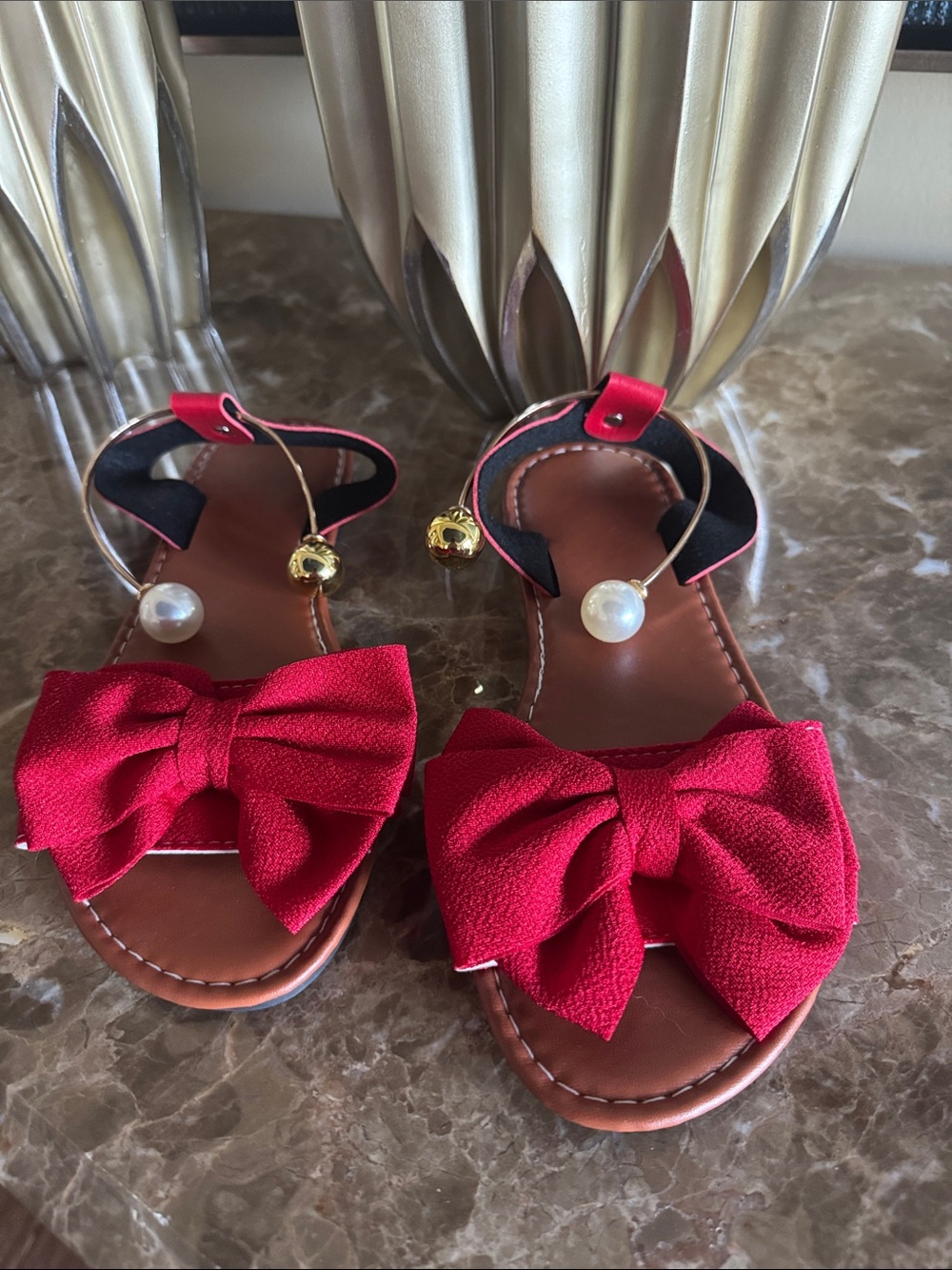 SHEIN Red Bow Pearl & Bell Ankle Strap Sandals